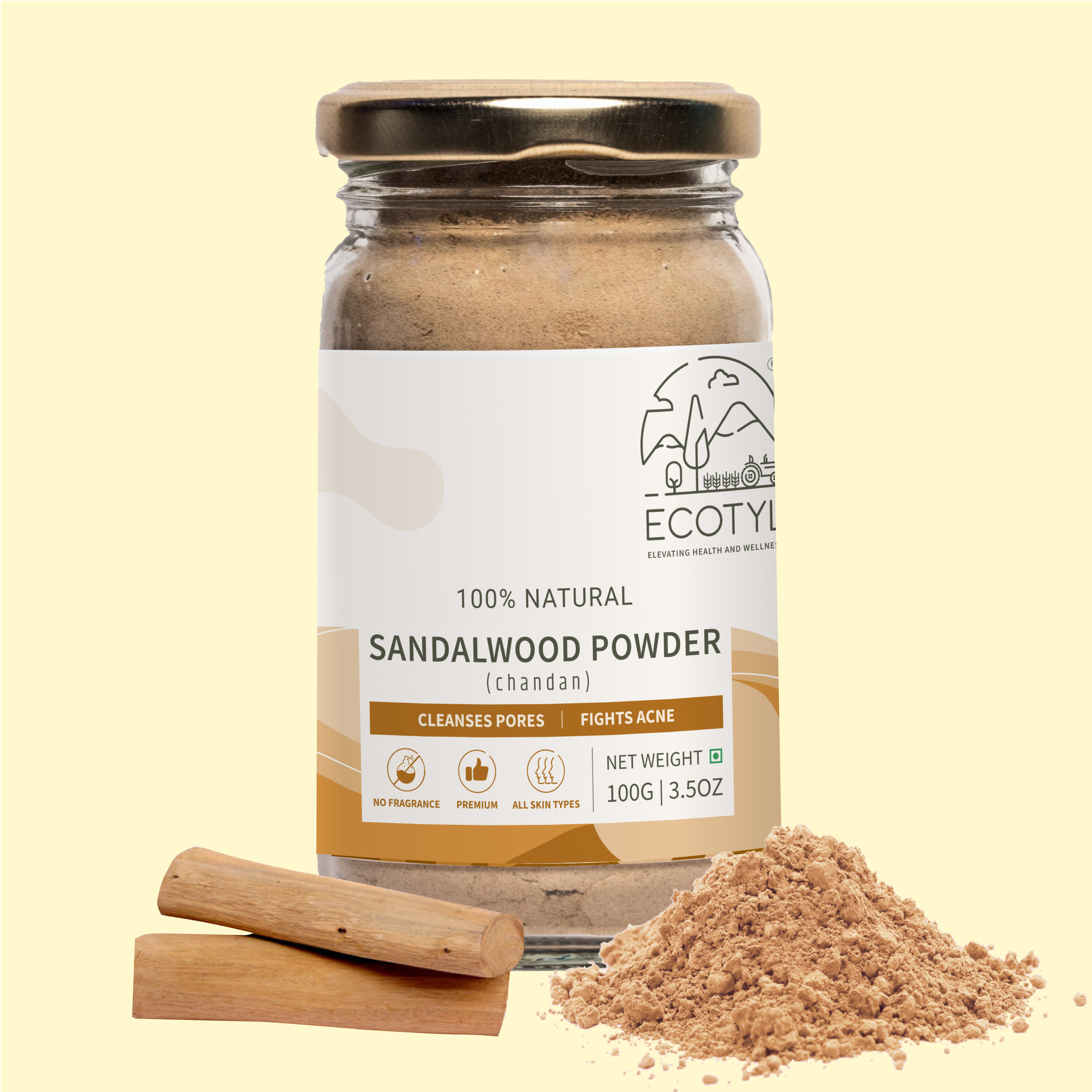 Ecotyl Pure Sandalwood Powder | Face Pack for Skin Brightening & Pore Cleansing | 100g